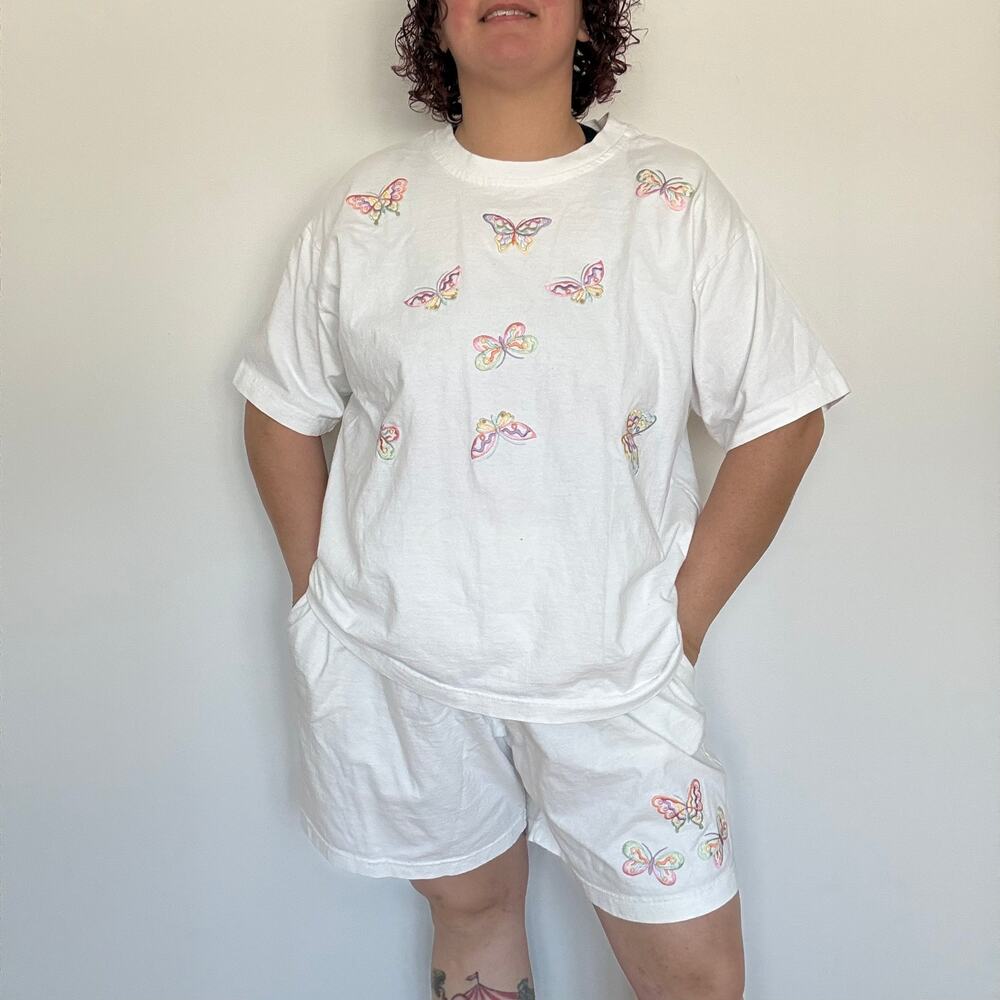 Vintage 90s TIA embroidered butterfly 2 piece short set size 2X